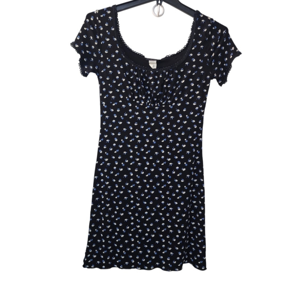 Rocket Candy Dress Babydoll Black White Blue Foral Size Large Vintage